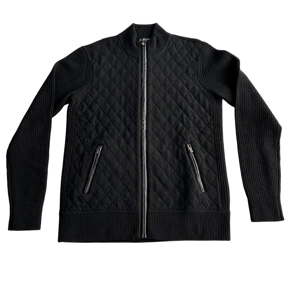 Brooks Brothers Merino Wool Blend Quilted Full Zip Black Cardigan Sweater L